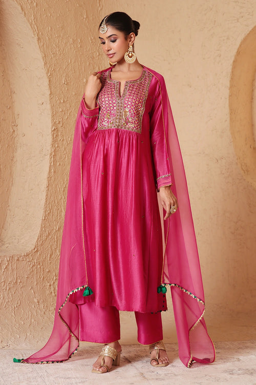 Mehrang Pink Frockstyle Kurta Set With Dupatta