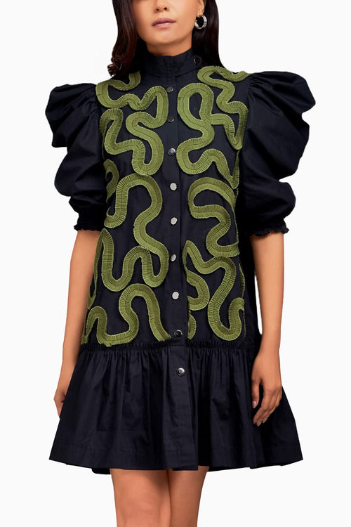 Black and Green Gathered Bottom Dress