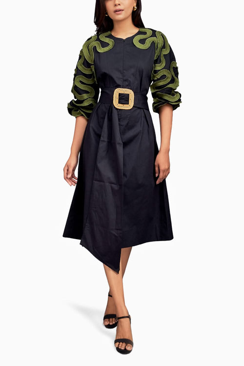 Black Pleated Frill Midi Dress