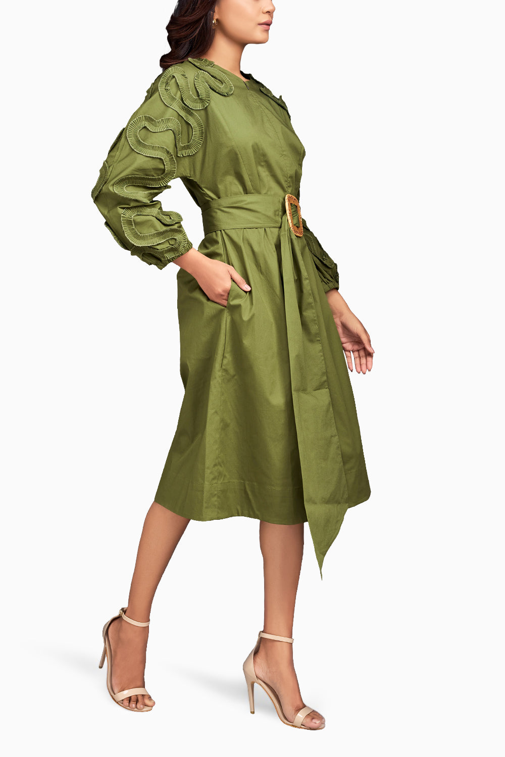 Green Pleated Frill Midi Dress