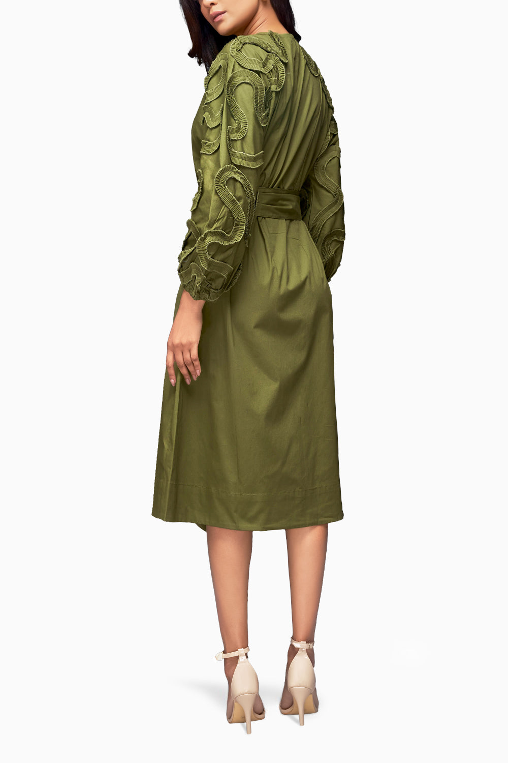 Green Pleated Frill Midi Dress