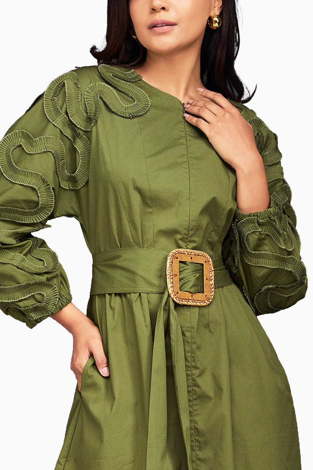 Green Pleated Frill Midi Dress