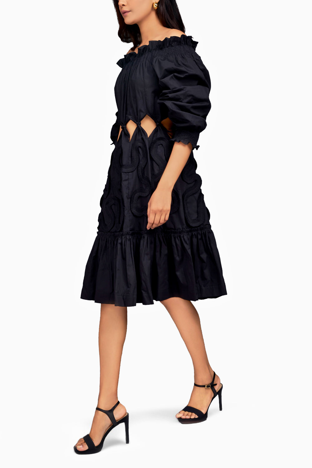 Black Off Shoulder Waist Cut-out Dress