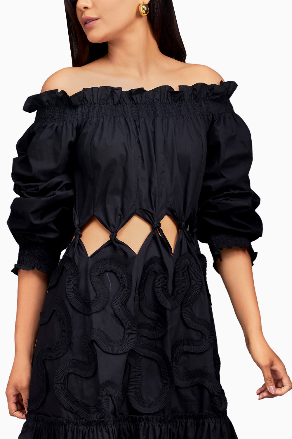 Black Off Shoulder Waist Cut-out Dress