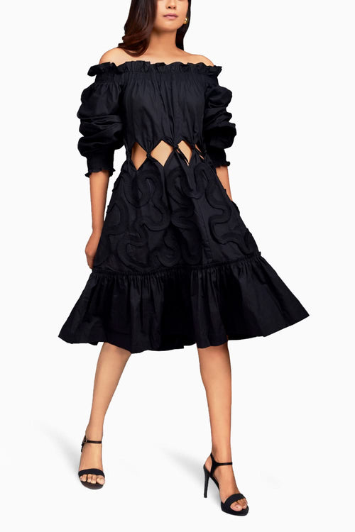 Black Off Shoulder Waist Cut-out Dress