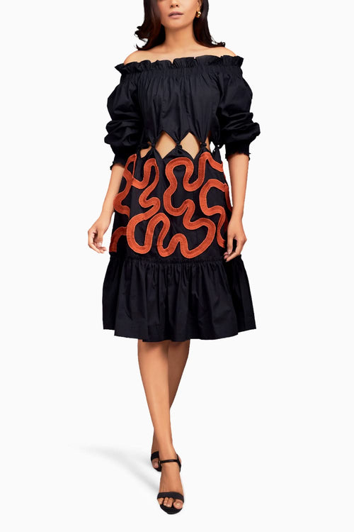 Black and Rust Off Shoulder Waist Cut-out Dress
