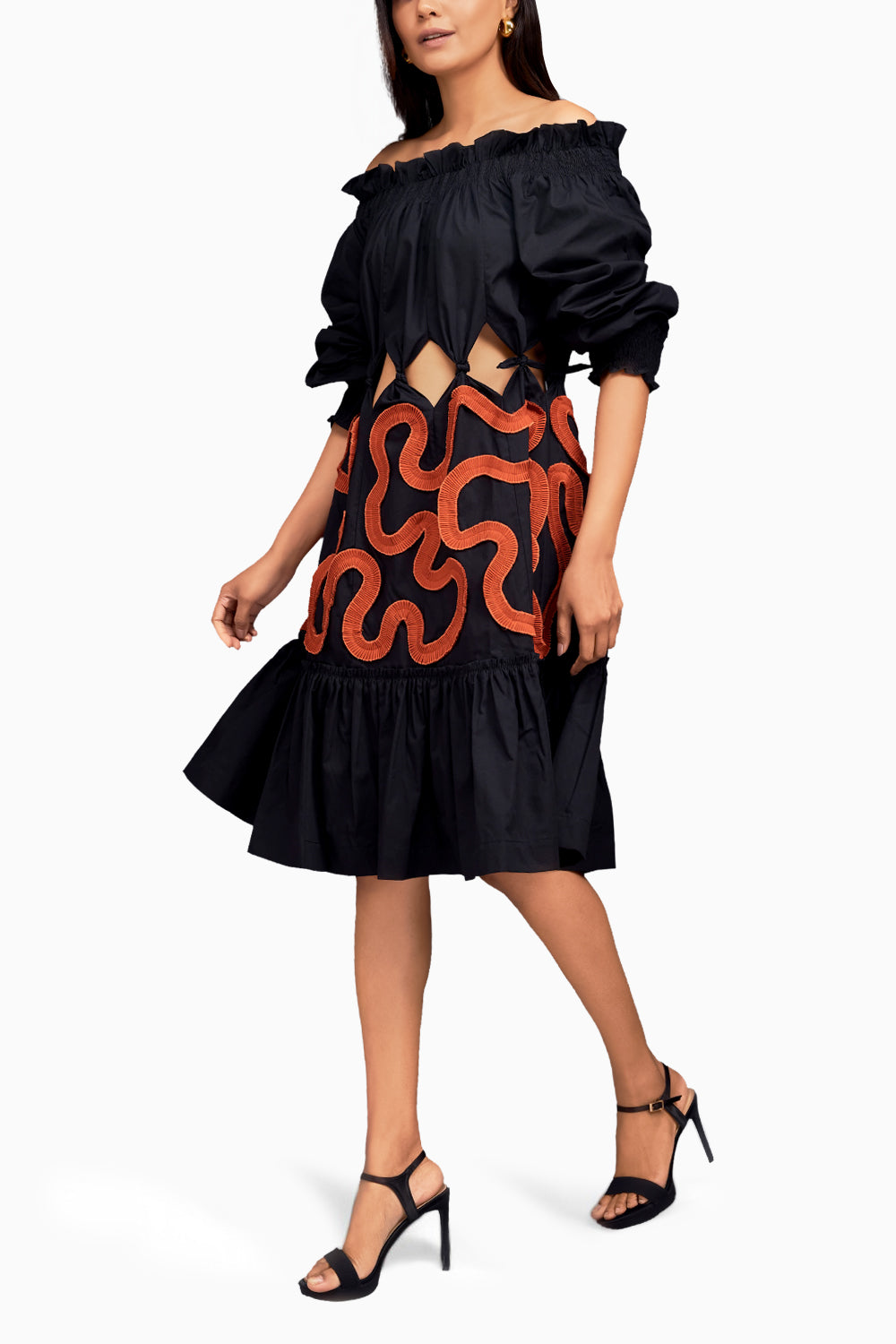 Black and Rust Off Shoulder Waist Cut-out Dress