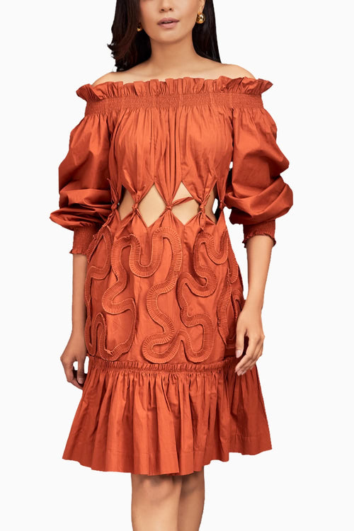 Rust Off-Shoulder Waist Cut-out Dress