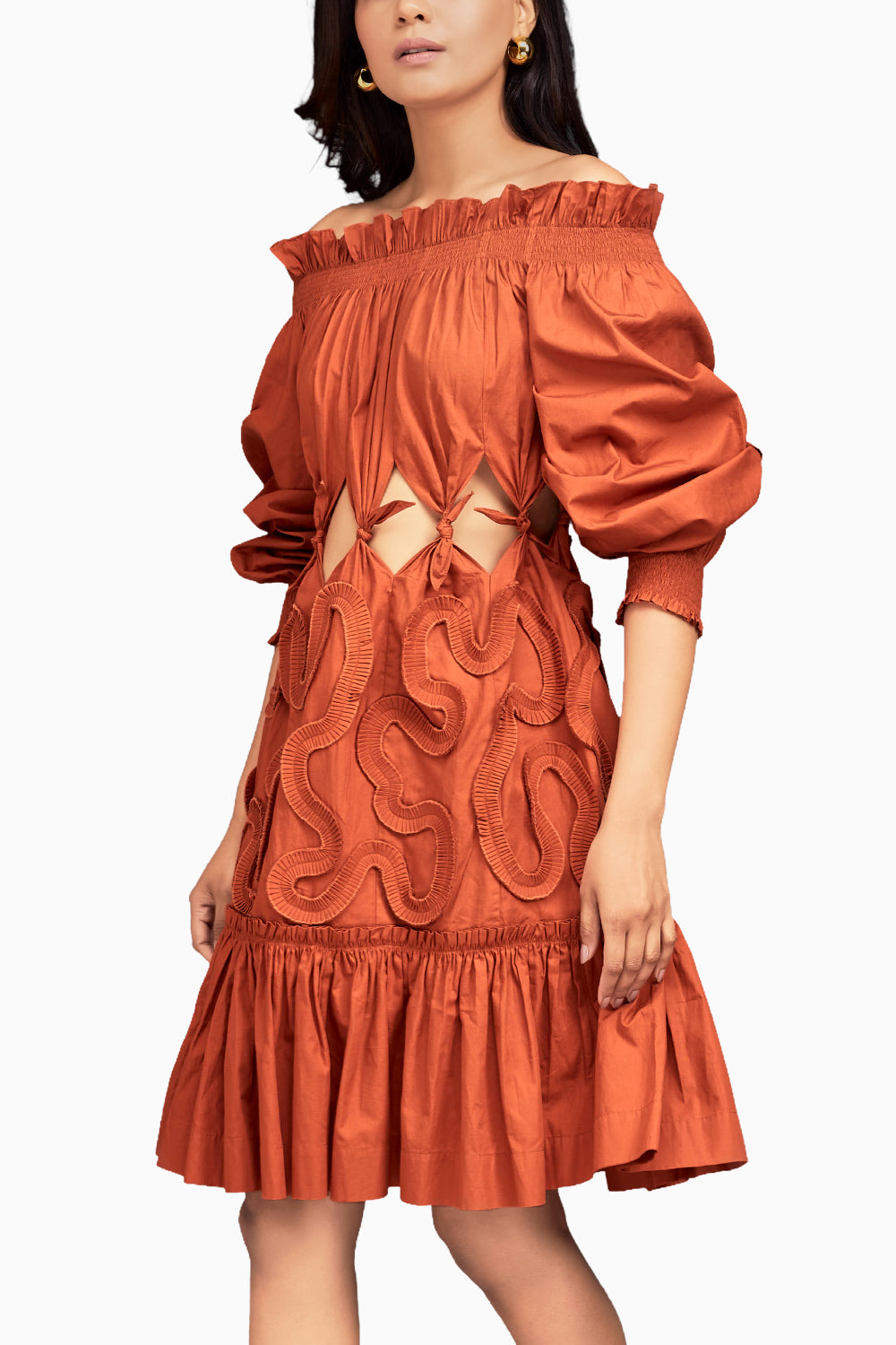 Rust Off-Shoulder Waist Cut-out Dress