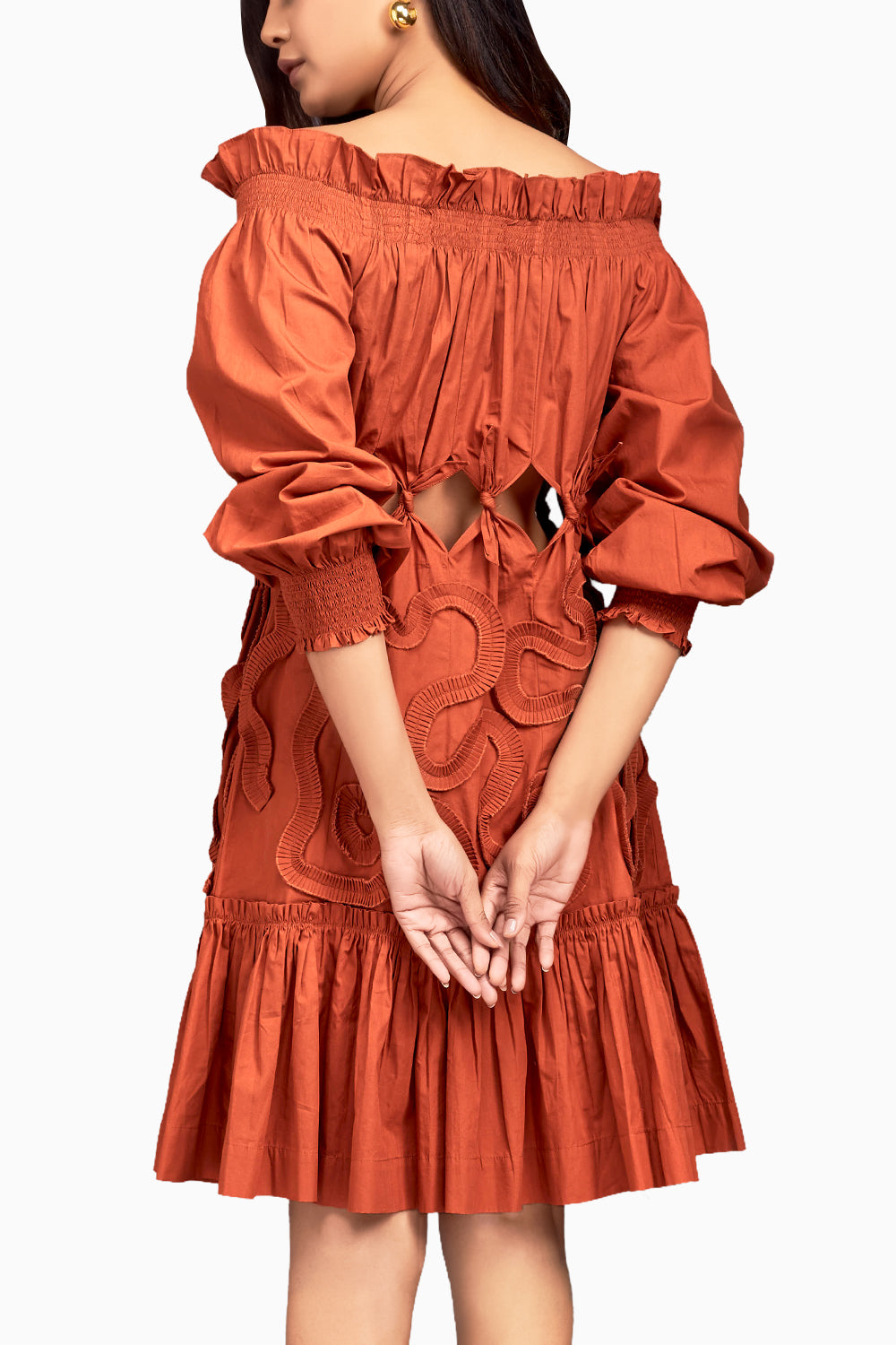 Rust Off-Shoulder Waist Cut-out Dress