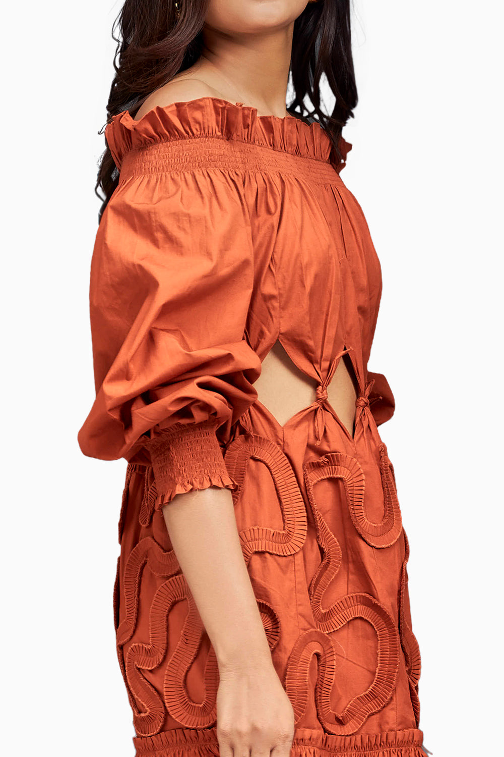 Rust Off-Shoulder Waist Cut-out Dress