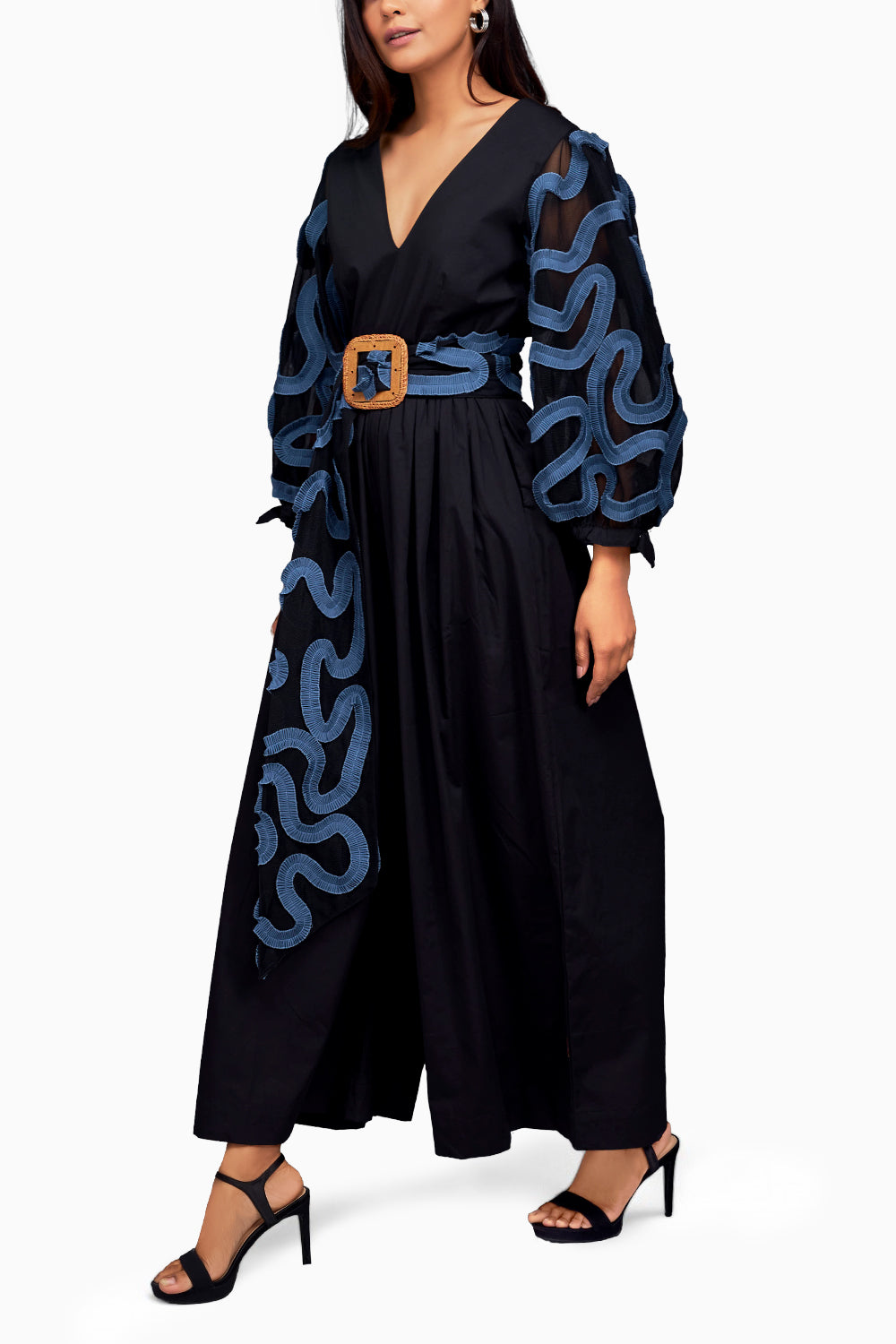 Black and Blue V-Neck Culotte Style Jumpsuit