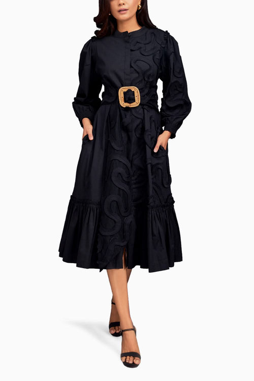 Black Shirt Dress with Pleated Frill