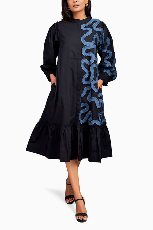 Black and Blue Shirt Dress with Pleated Frill