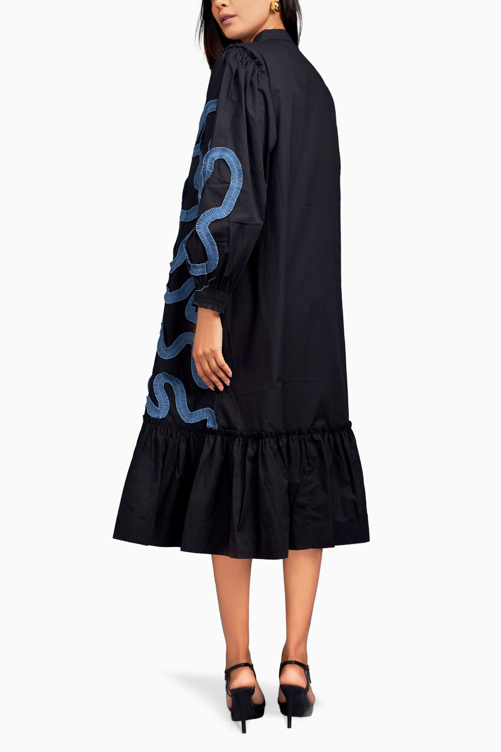 Black and Blue Shirt Dress with Pleated Frill