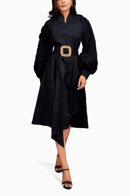 Black Midi Dress with Belt and Net Sleeves
