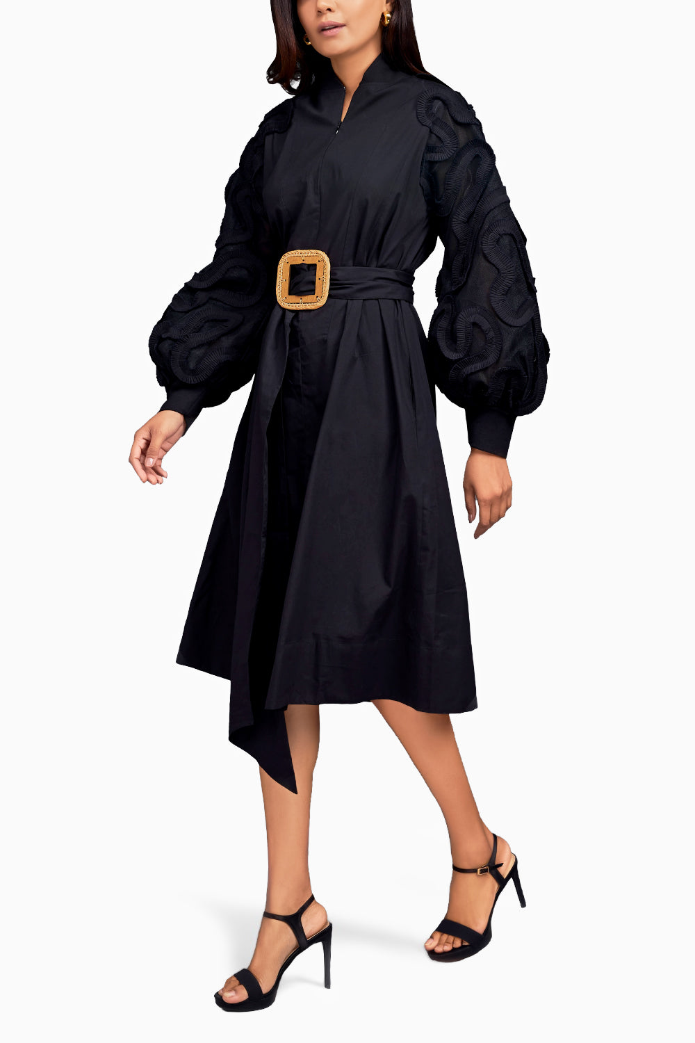 Black Midi Dress with Belt and Net Sleeves