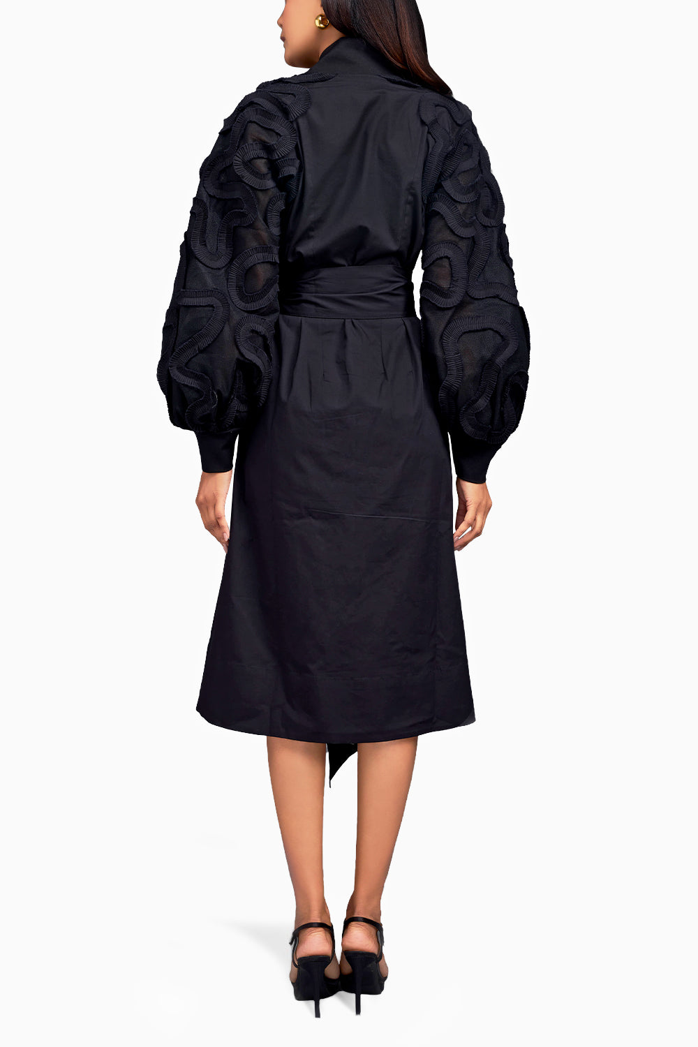 Black Midi Dress with Belt and Net Sleeves