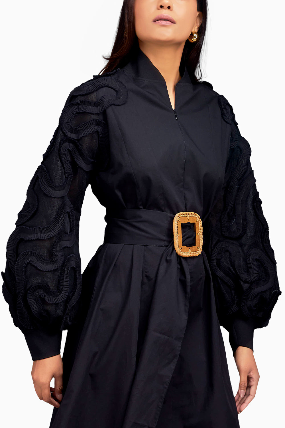 Black Midi Dress with Belt and Net Sleeves