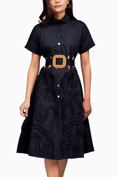 Black A-line Button Down Dress with Belt