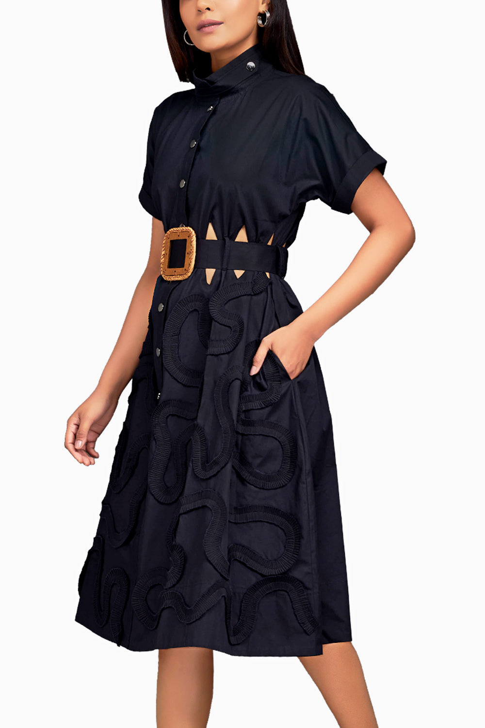 Black A-line Button Down Dress with Belt