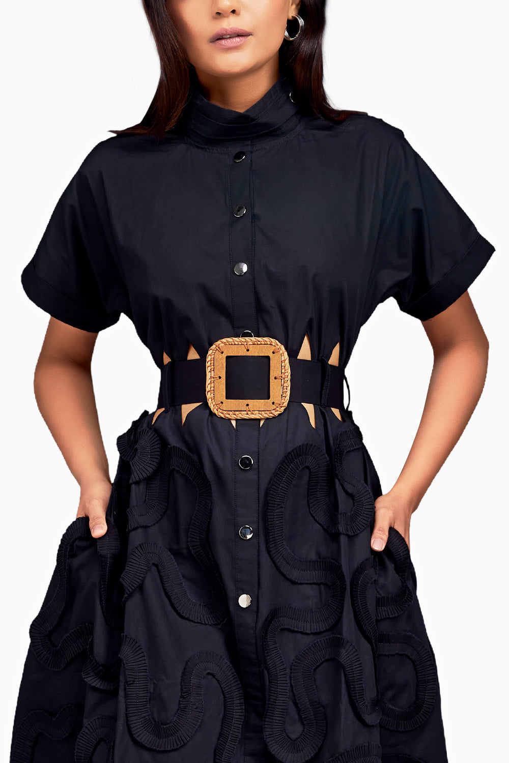 Black A-line Button Down Dress with Belt