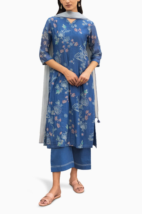 Ocean Blue Floral Kurta Set