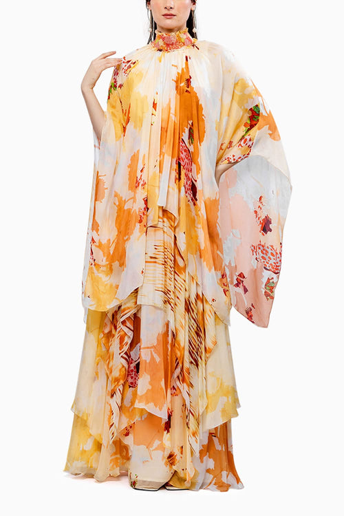 Ochre Chiffon Asymmetrical Embroidered Dress