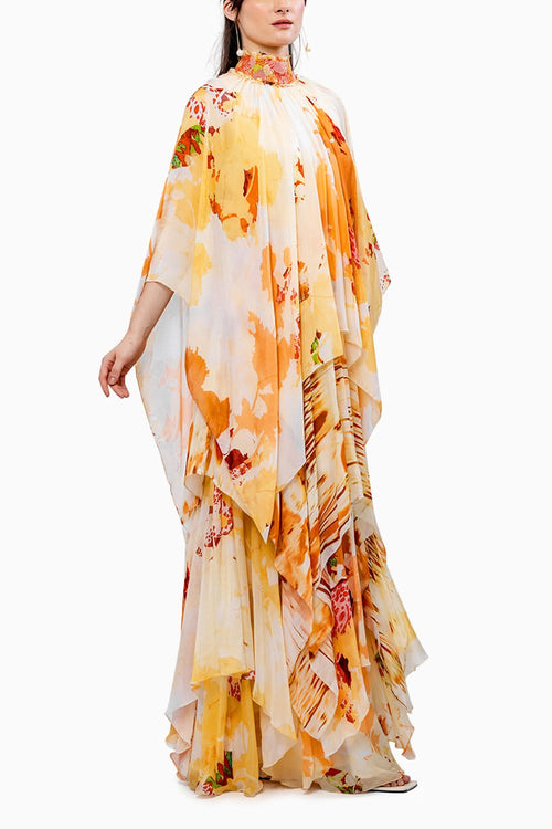 Ochre Chiffon Asymmetrical Embroidered Dress