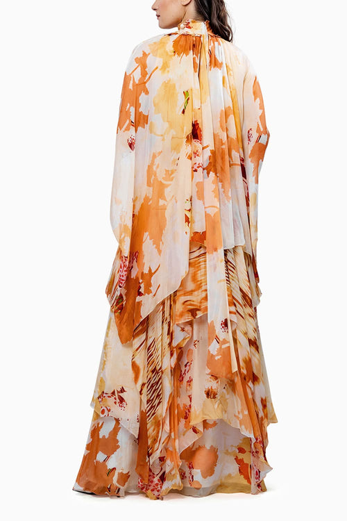 Ochre Chiffon Asymmetrical Embroidered Dress