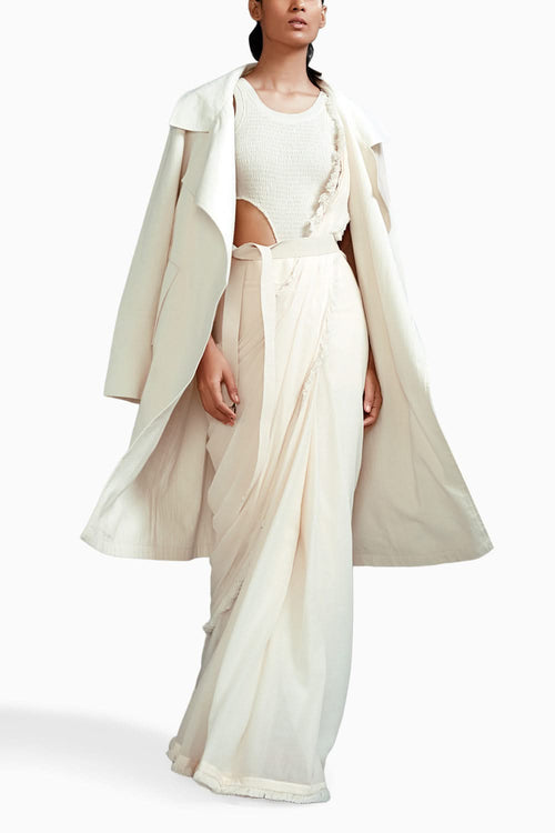 Off-White Fringed Saree-Bodysuit-Jacket Set