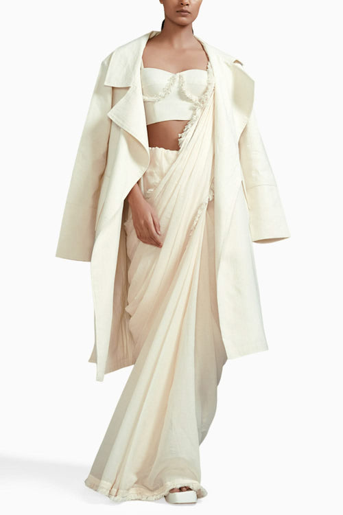 Off-White Fringed Saree-Corset-Jacket Set