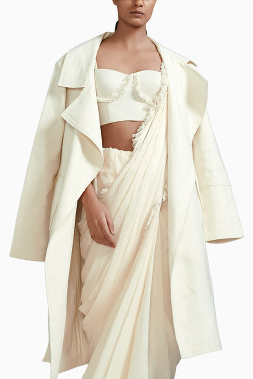 Off-White Fringed Saree-Corset-Jacket Set