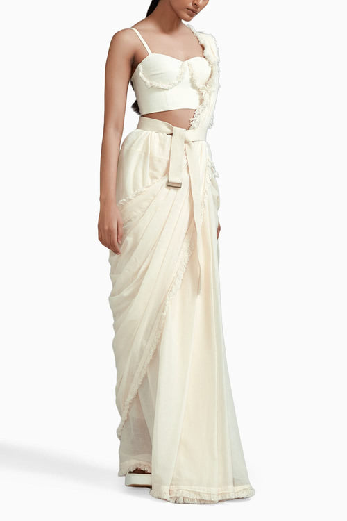 Off-White Fringed Saree-Corset-Jacket Set