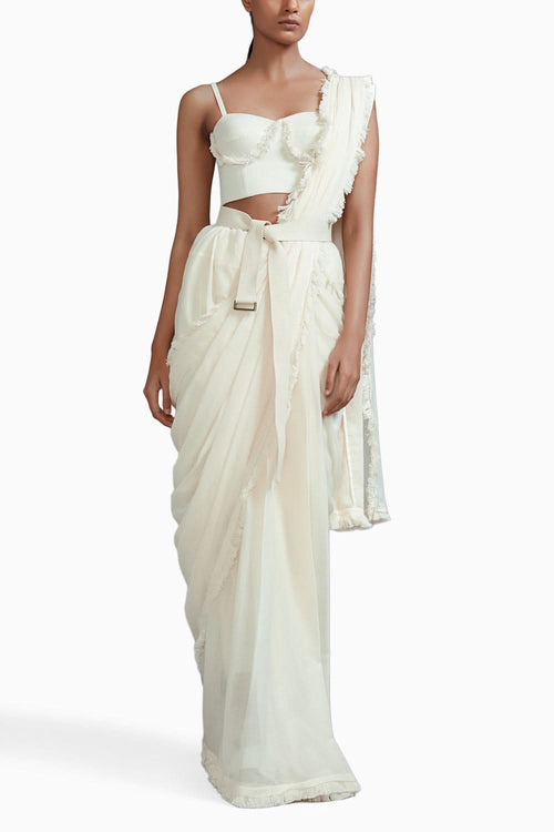 Off-White Saree & Fringed Corset Set