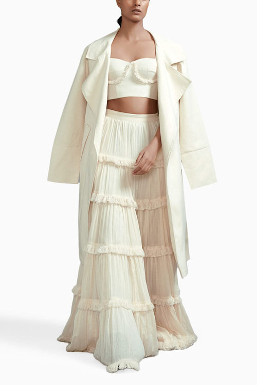 Off-White Fringed Tiered Lehenga Jacket Set
