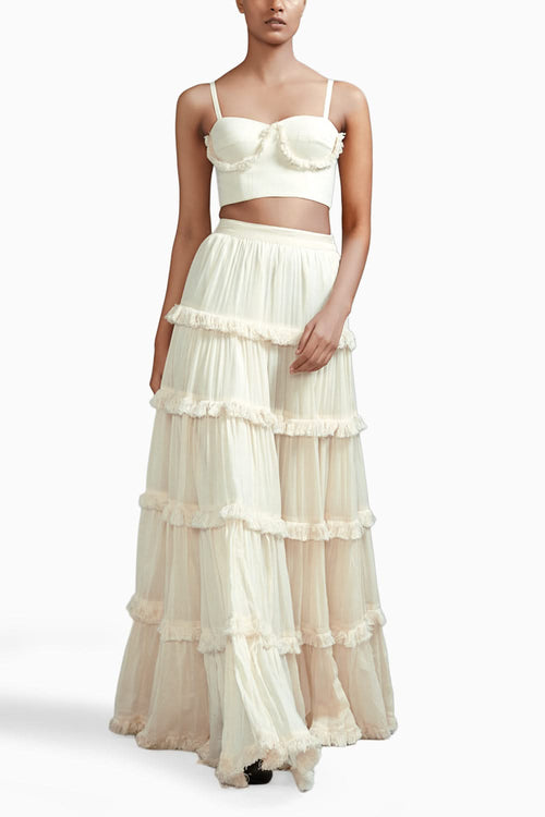 Off-White Fringed Tiered Lehenga Set