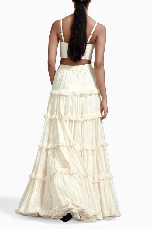 Off-White Fringed Tiered Lehenga Set