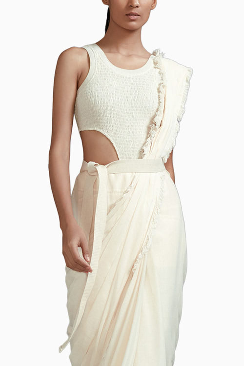 Off-White Saree & Smocked Bodysuit Set
