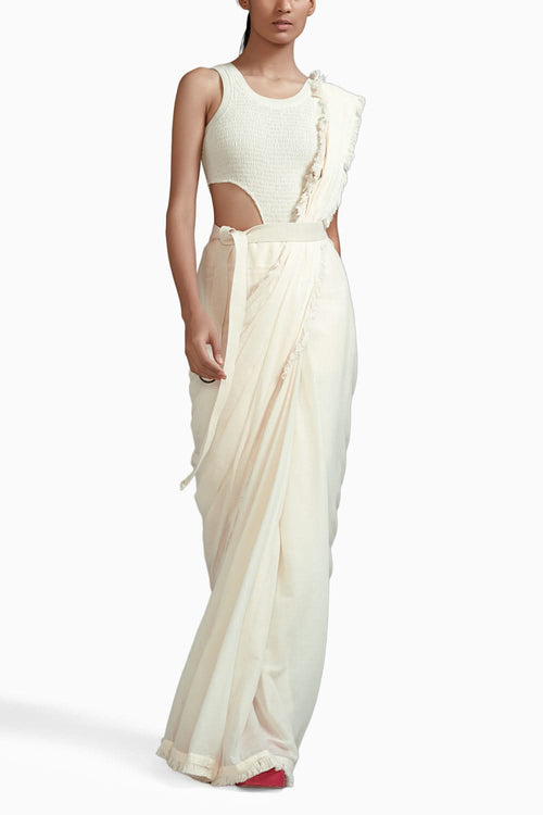 Off-White Fringed Saree-Bodysuit-Jacket Set