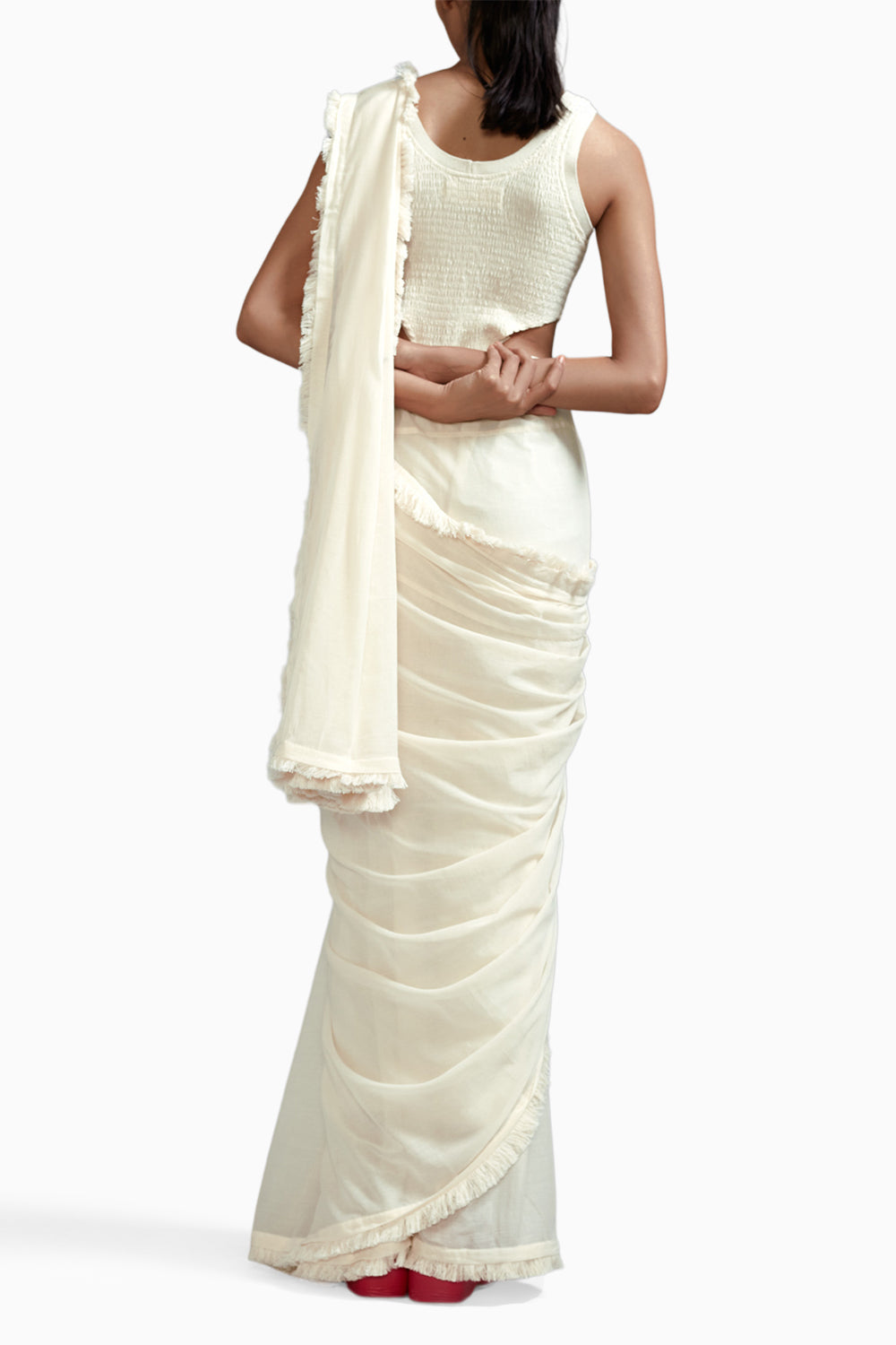 Off-White Fringed Saree