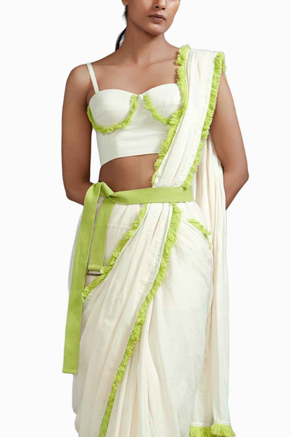Off-White With Neon Green Saree & Fringed Corset Set