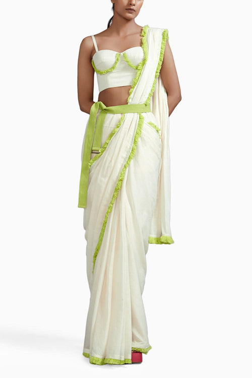 Off-White With Neon Green Saree