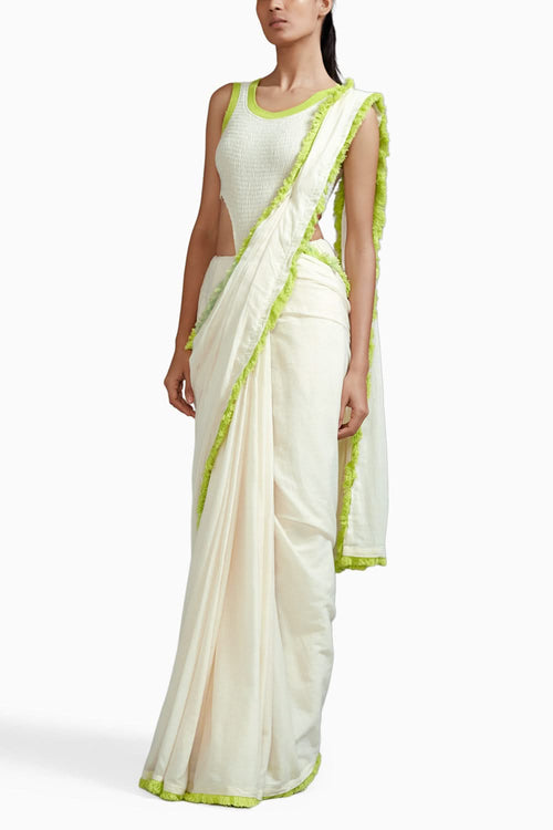 Off-White with Neon Green Saree & Smocked Bodysuit Set
