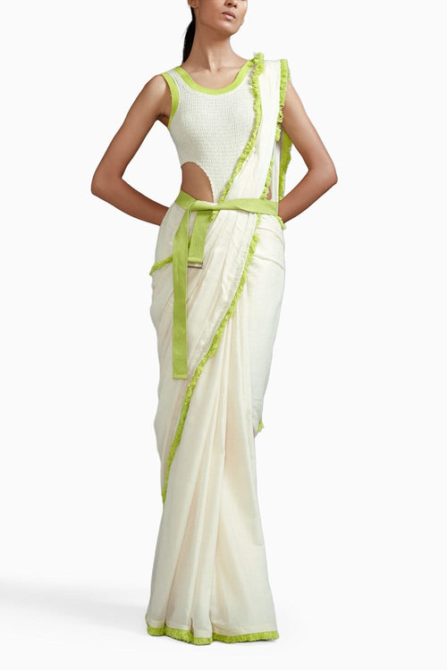 Off-White with Neon Green Saree & Smocked Bodysuit Set
