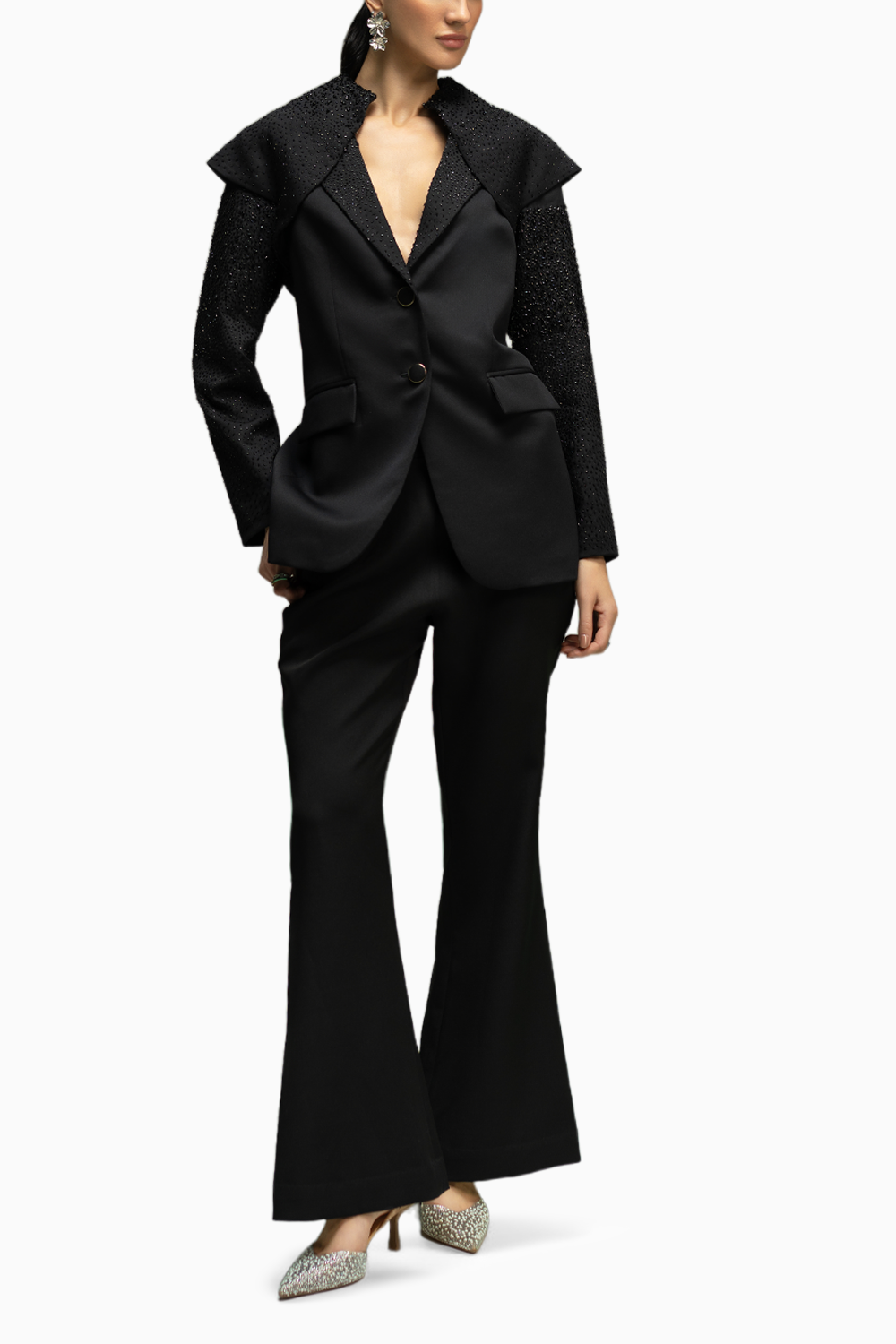 Black Ombre Embellished Pant Suit Set