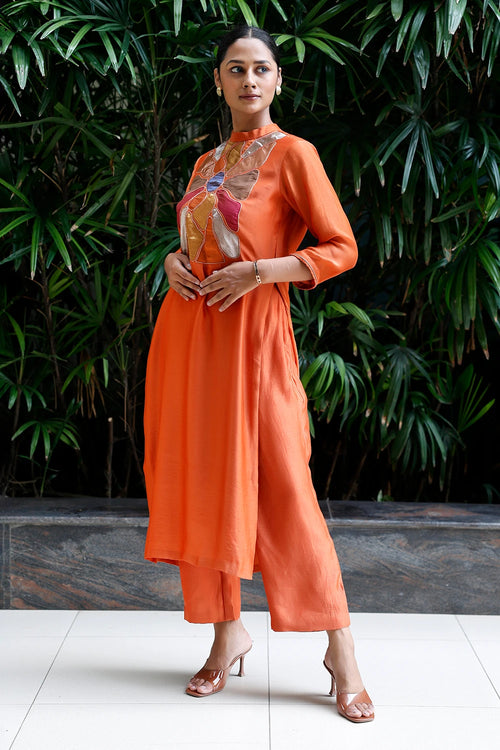 Patch Work Orange Silk Co-Ord Set