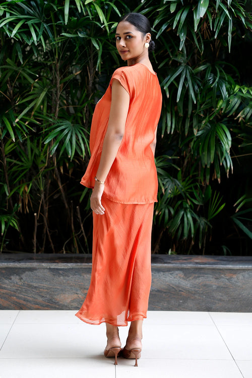 Patch Orange Silk Skirt Set