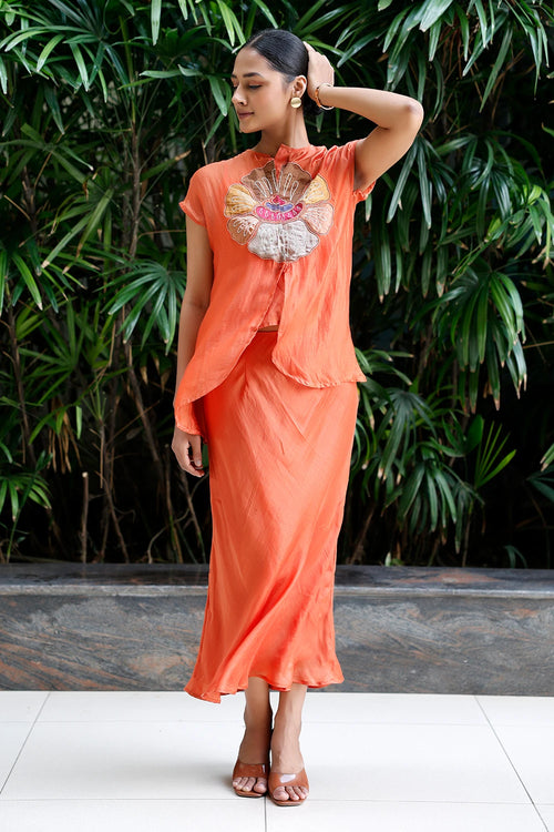 Patch Orange Silk Skirt Set