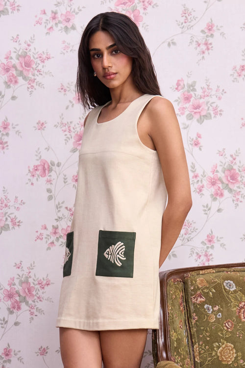 Beige Green Motif Dress